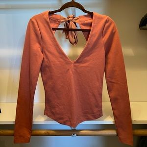 Urban Outfitters Orange Long Sleeve Open Back Ribbon Tied Shirt